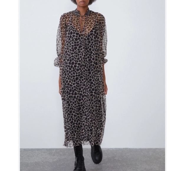 Zara animal print midi dress tulle mesh mock neck front tie goth gothic witch S - Picture 1 of 9